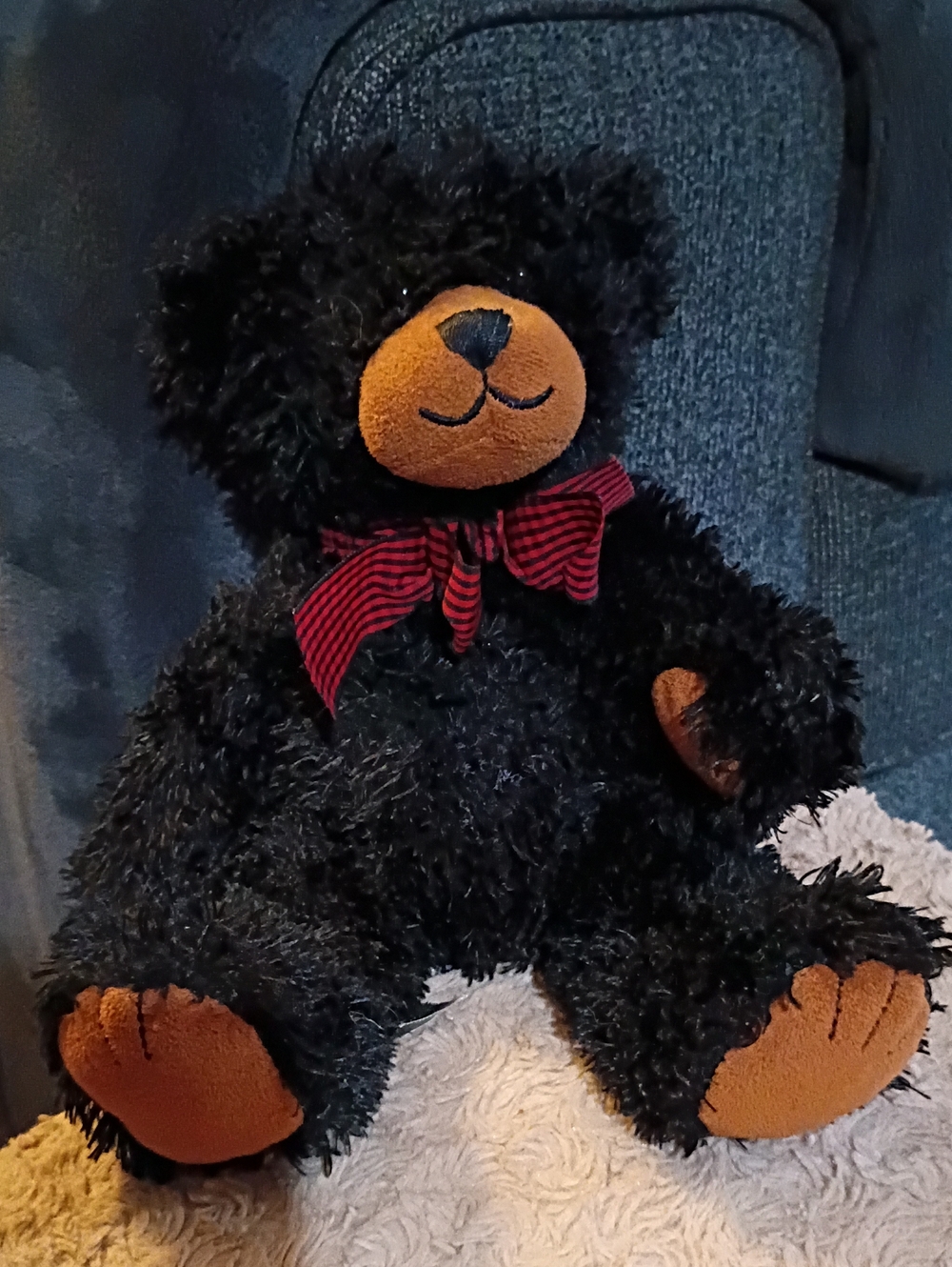 Black Plush Teddy Bear Named "Scraggles" with Brown Accents and Red Bow